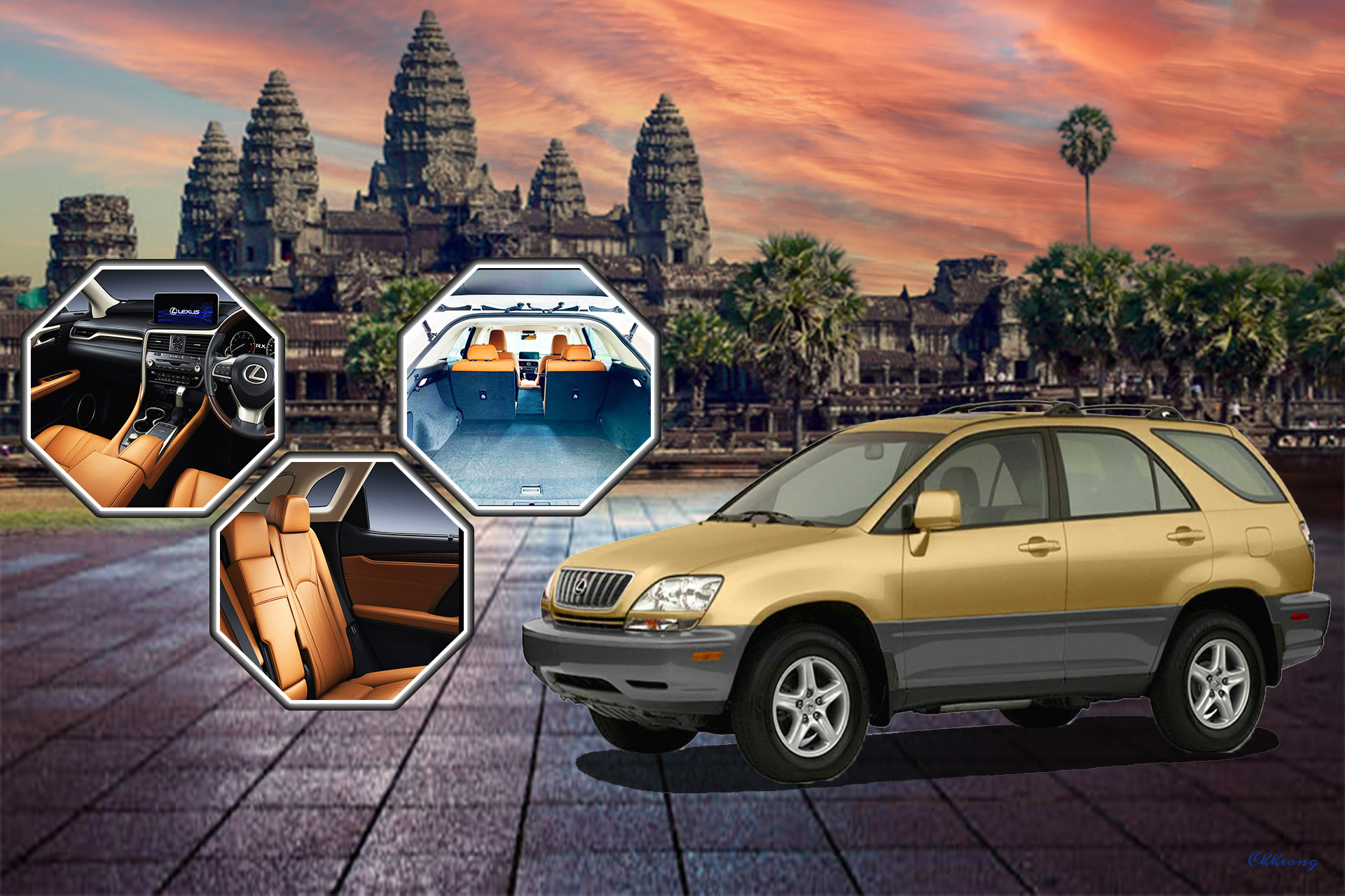 A Lexus SUV parked near the Angkor Wat temple in Cambodia, with close-up views of the interior features and luggage space.